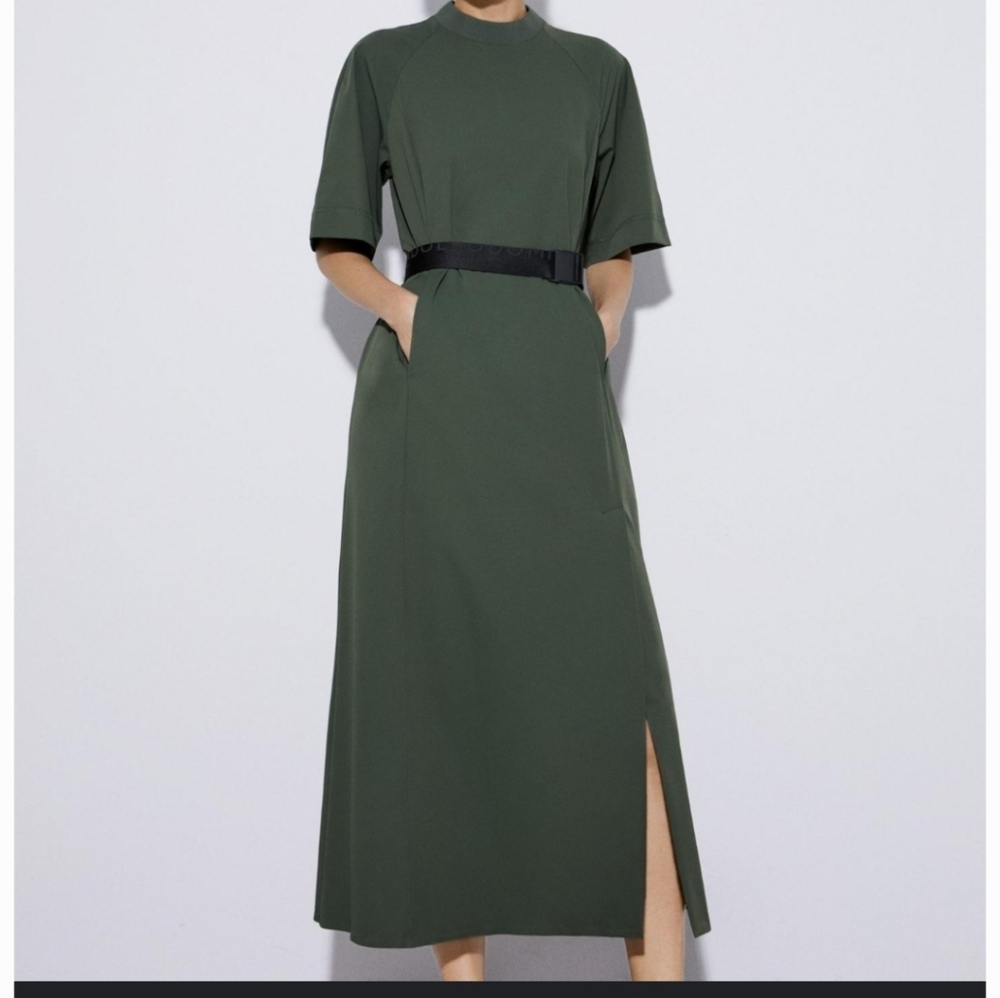 Adolfo Dominguez Dark Green Maxi Dress with‎ Belt Mockneck Short Sleeve Sz40